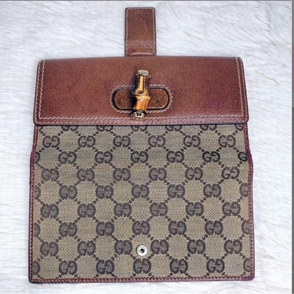 GUCCI Leather Long Continental Wallet, GG Canvas Bambo Interlocking Turnlock EUC - Picture 7 of 15